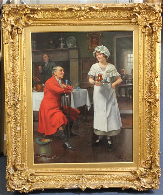 Harold Hume Piffard (fl. 1895-1899) Tavern interior with huntsman and serving maid, 25 x 19in.